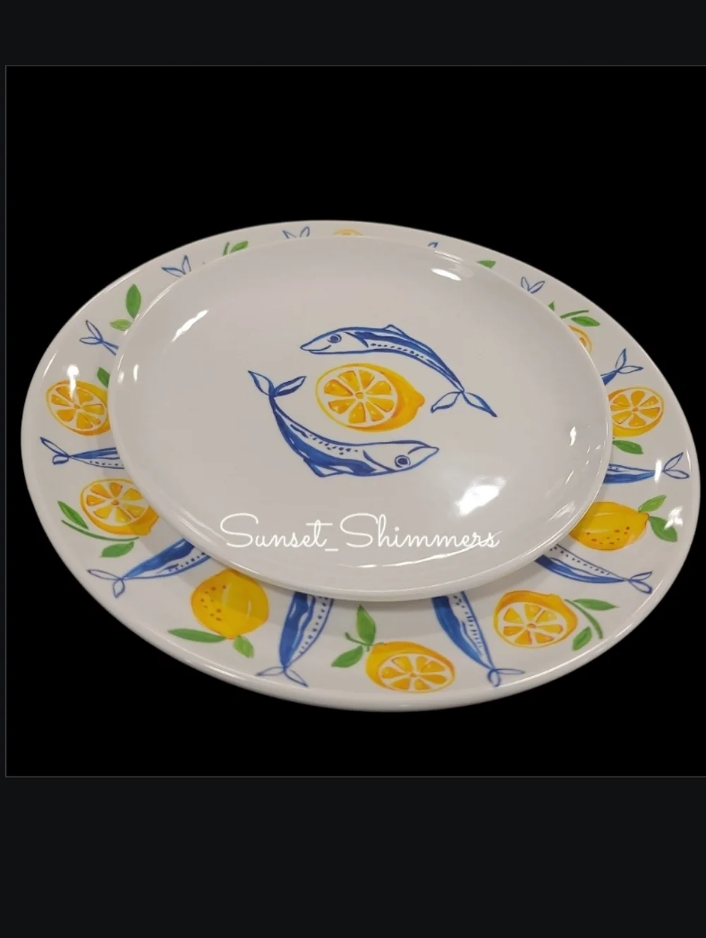 8 Tommy Bahama Sardine Lemon Blue Fish MELAMINE Dinner & Salad Plates Set New - Picture 4 of 8